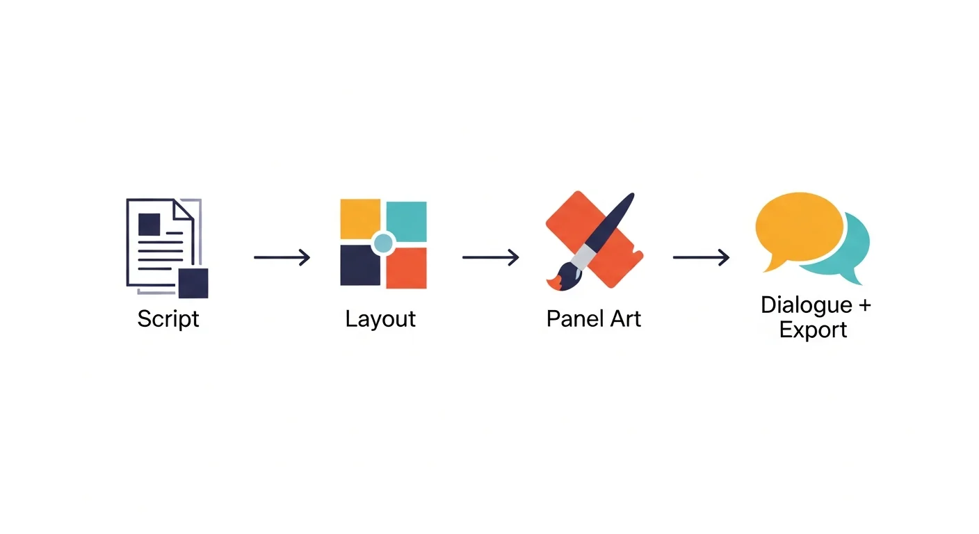 Pipeline diagram — script, layout, panel art, and dialogue stages connected by arrows leading to a finished page
