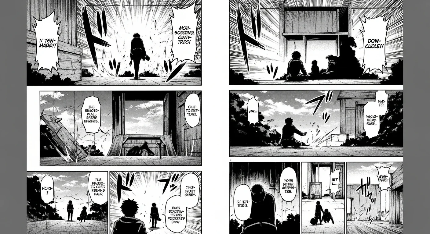 Finished manga page showcase — dynamic right-to-left panel layout with screentone shading and speed-line effects, no visible faces