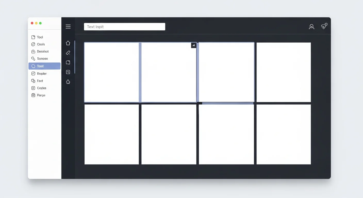 Comistitch Studio panel canvas UI mockup showing an empty 6-panel grid with a toolbar and script input box
