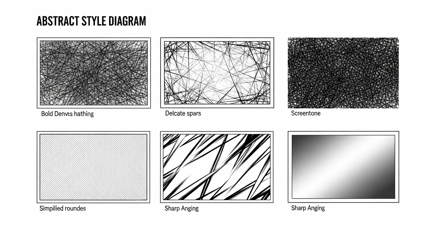 Manga art style range grid — six abstract style swatches showing different linework and shading textures