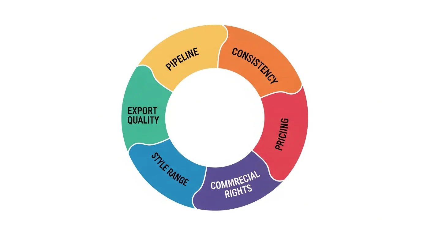 Six-criteria evaluation wheel diagram with segments for pipeline, consistency, style range, pricing, commercial rights, and export quality