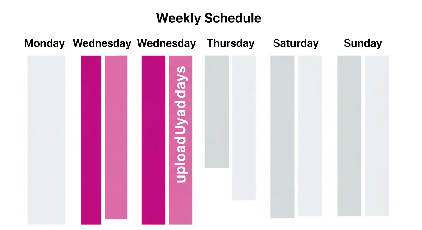 Abstract weekly schedule grid — upload-day highlight bars in pink-purple beside muted rest-day bars, flat infographic style