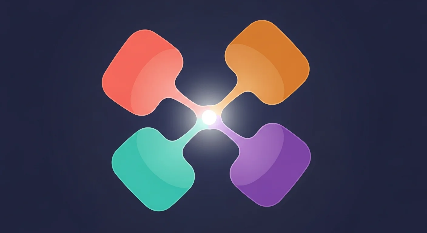 Abstract channel-tile diagram — five rounded tiles in coral, teal, amber, violet and mint arranged in a radial spoke pattern, flat vector style