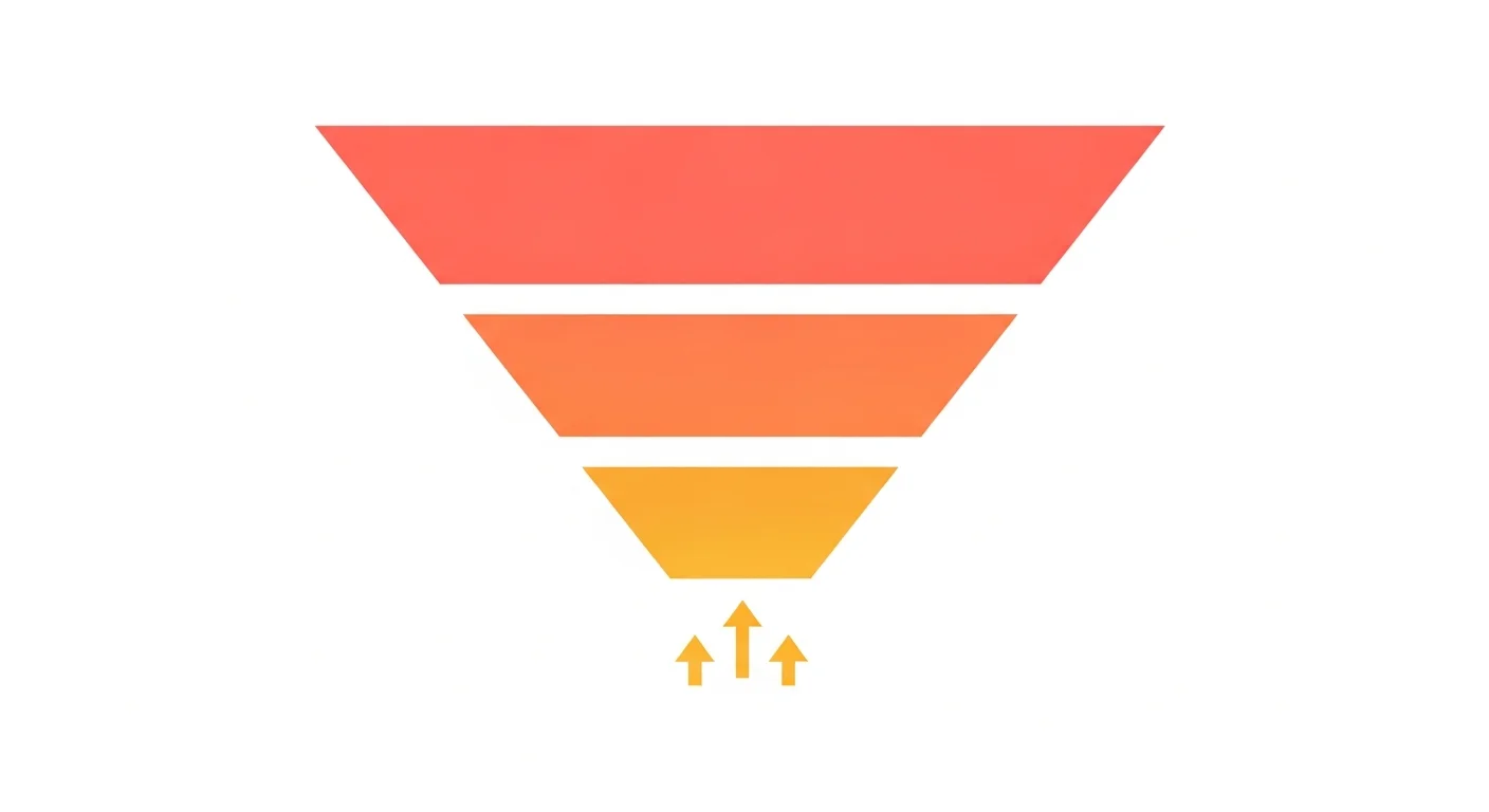 Abstract conversion funnel diagram — three stacked trapezoid layers from wide coral at top to narrow gold at bottom, with upward arrow shapes, flat infographic style