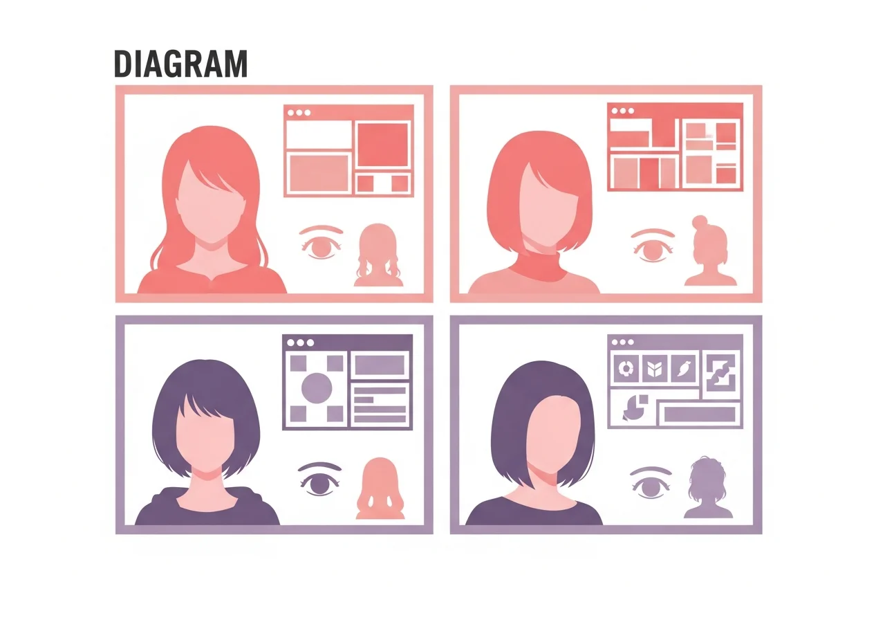 Grid of four color-swatch character reference cards with abstract color blocks for hair, eye, and outfit tones, small silhouette shapes, soft rose and lavender palette, no faces