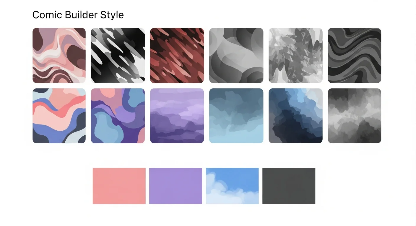 Comic-builder UI mockup with a grid of style thumbnail swatches and a row of color palette chips in rose, lavender, sky-blue, and shadow-grey, flat interface design, no figures