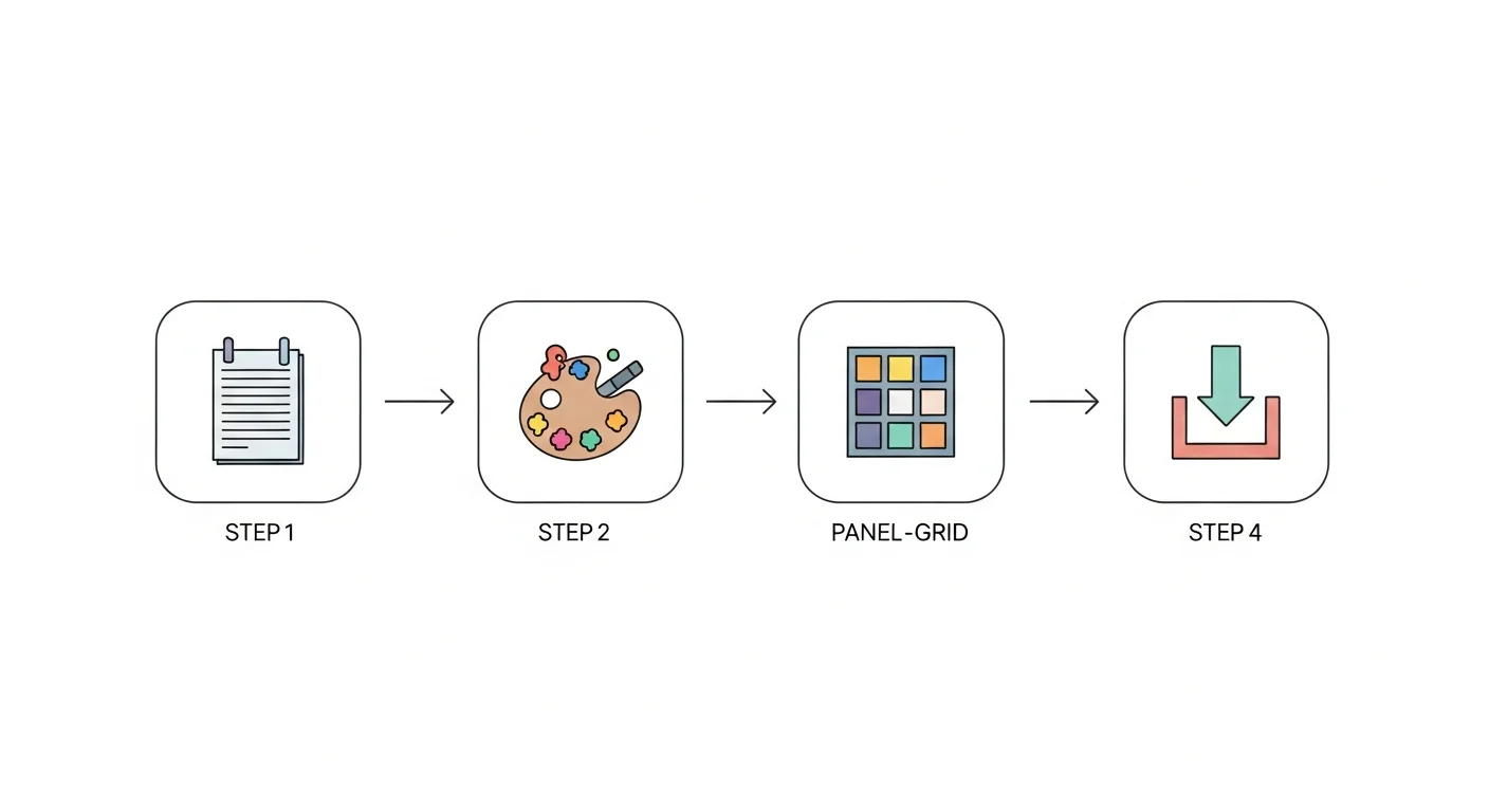 Workflow diagram of four connected steps with abstract icons: notepad, palette, panel-grid, and download, connected by arrows on a white background, flat editorial illustration