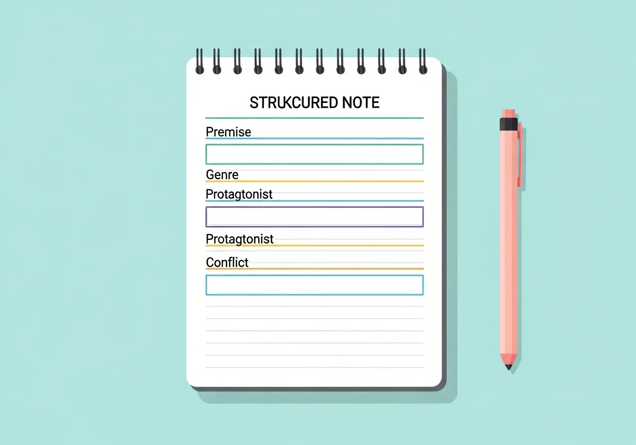 Digital notepad template with labeled placeholder fields for Premise, Genre, Protagonist, and Conflict, color-coded highlight lines, editorial flat illustration
