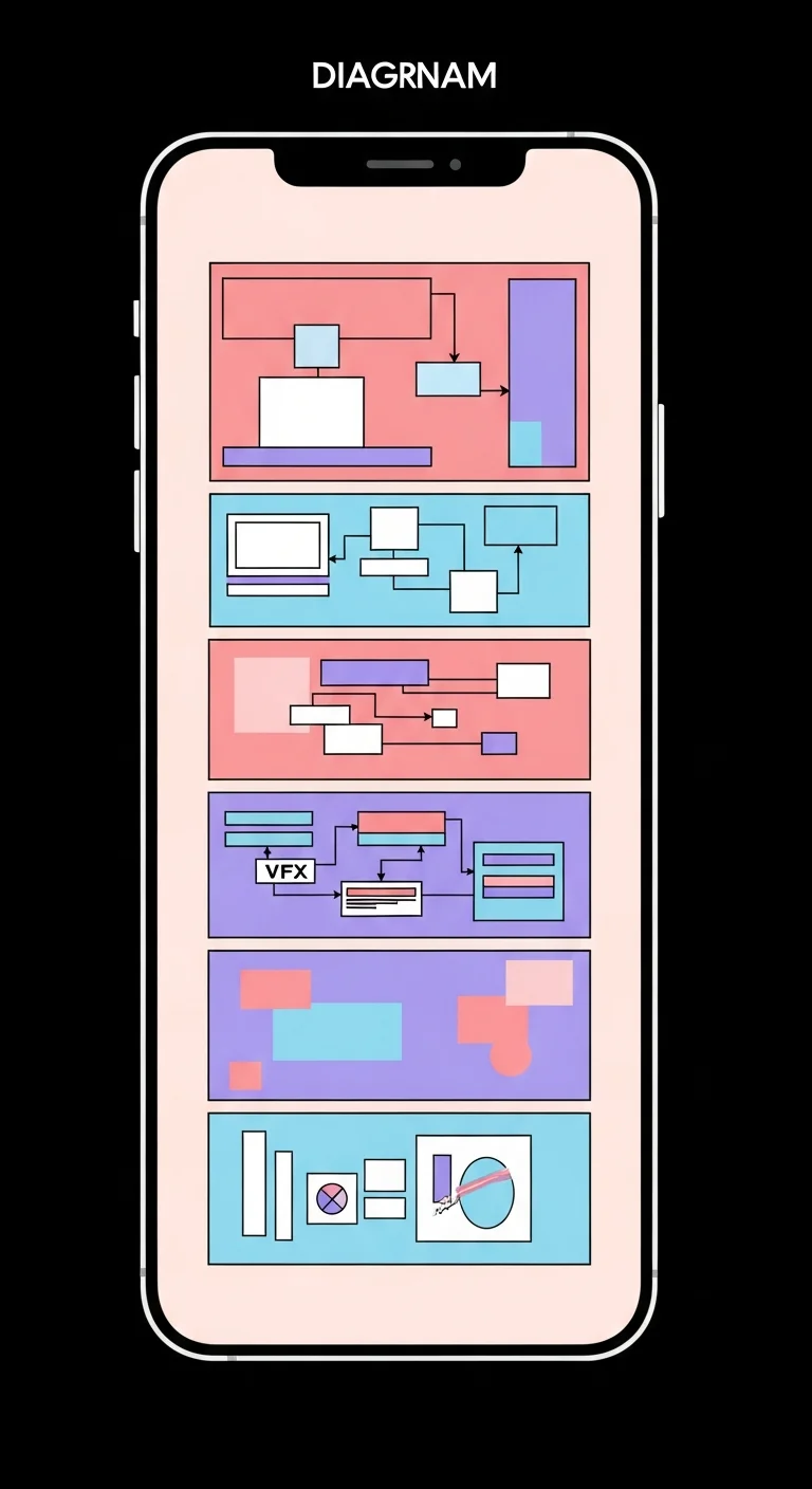 Vertical-scroll mobile mockup showing a long manhwa page with stacked color panels in rose, lavender, and sky-blue, abstract color blocks inside each panel, clean phone UI frame, no figures