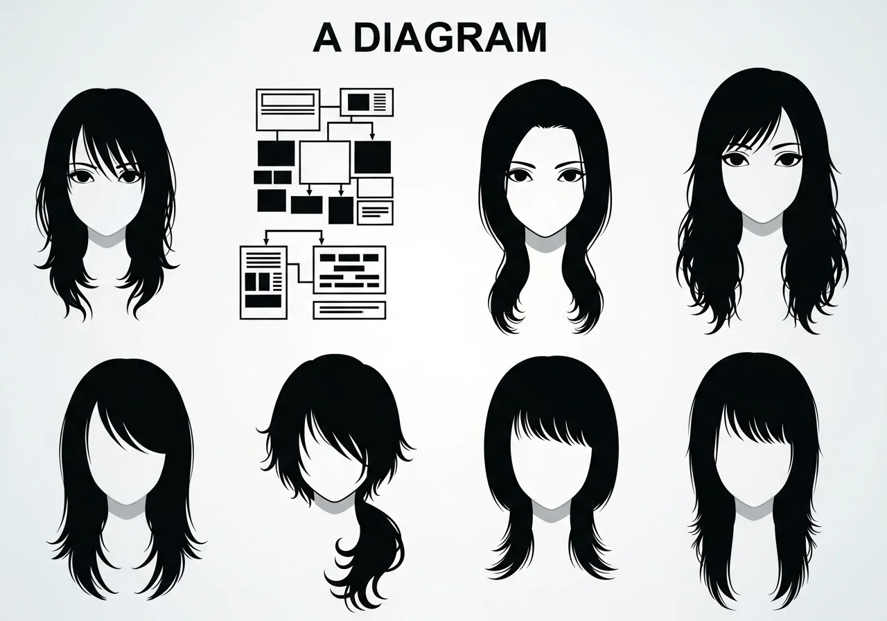 Manhwa hair-style silhouette reference board — flat geometric shapes, no faces, no figures