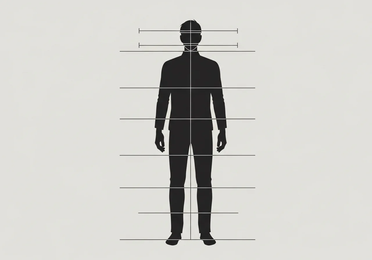 Semi-realistic manhwa proportion diagram — head-height measurement guide, no faces, no figures