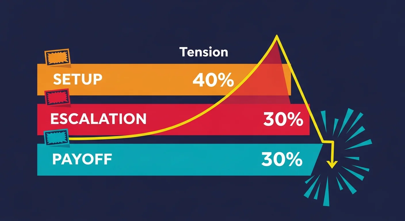 Three-act karma arc diagram — setup 40%, escalation 30%, payoff 30% with rising tension curve and irony link arrow connecting the wrongdoer action to the consequence mechanism