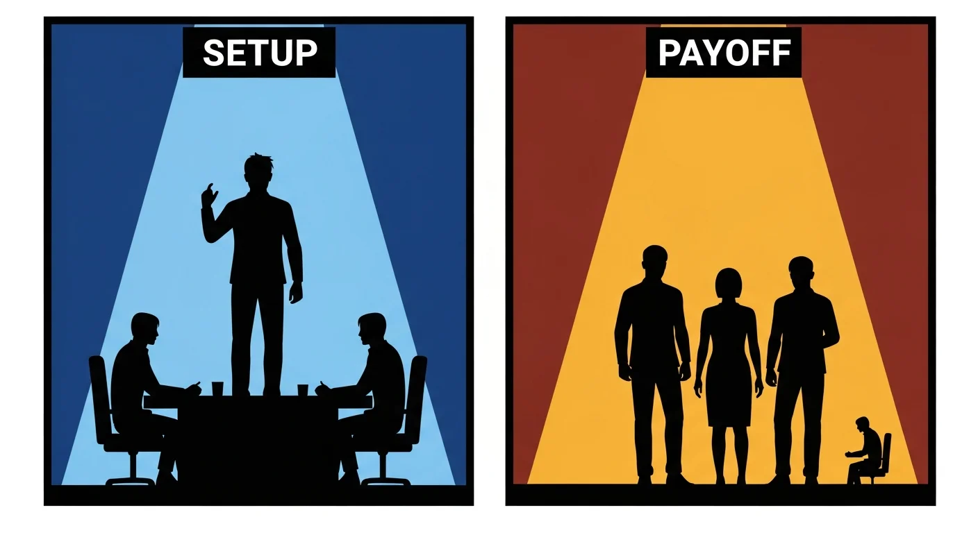 Karma comic panel comparison — setup panel with dominant wrongdoer silhouette vs payoff panel with fully reversed power dynamic and isolated figure in cold spotlight