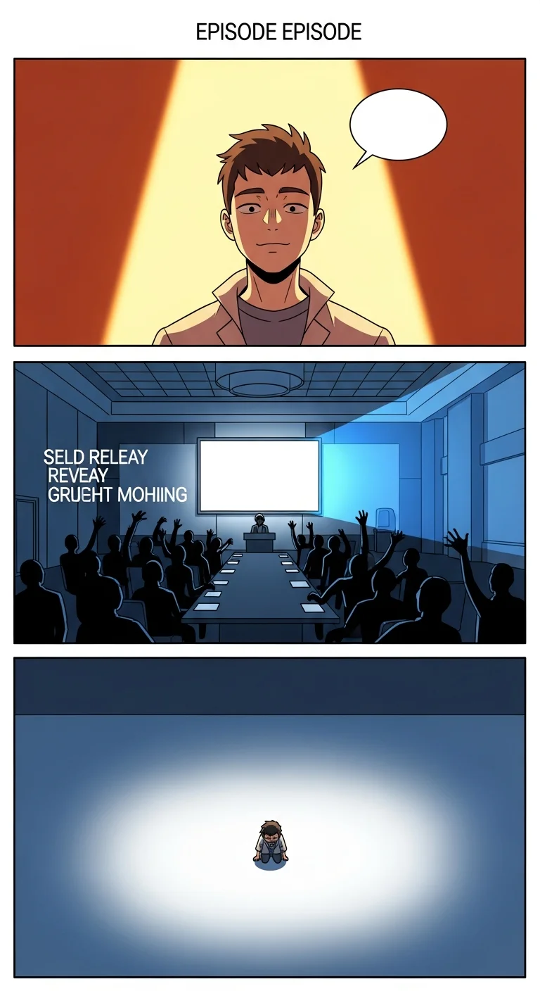 Karma webtoon showcase strip — three vertical panels depicting setup confidence, dramatic public reveal, and consequence reaction beat in full-color webtoon style