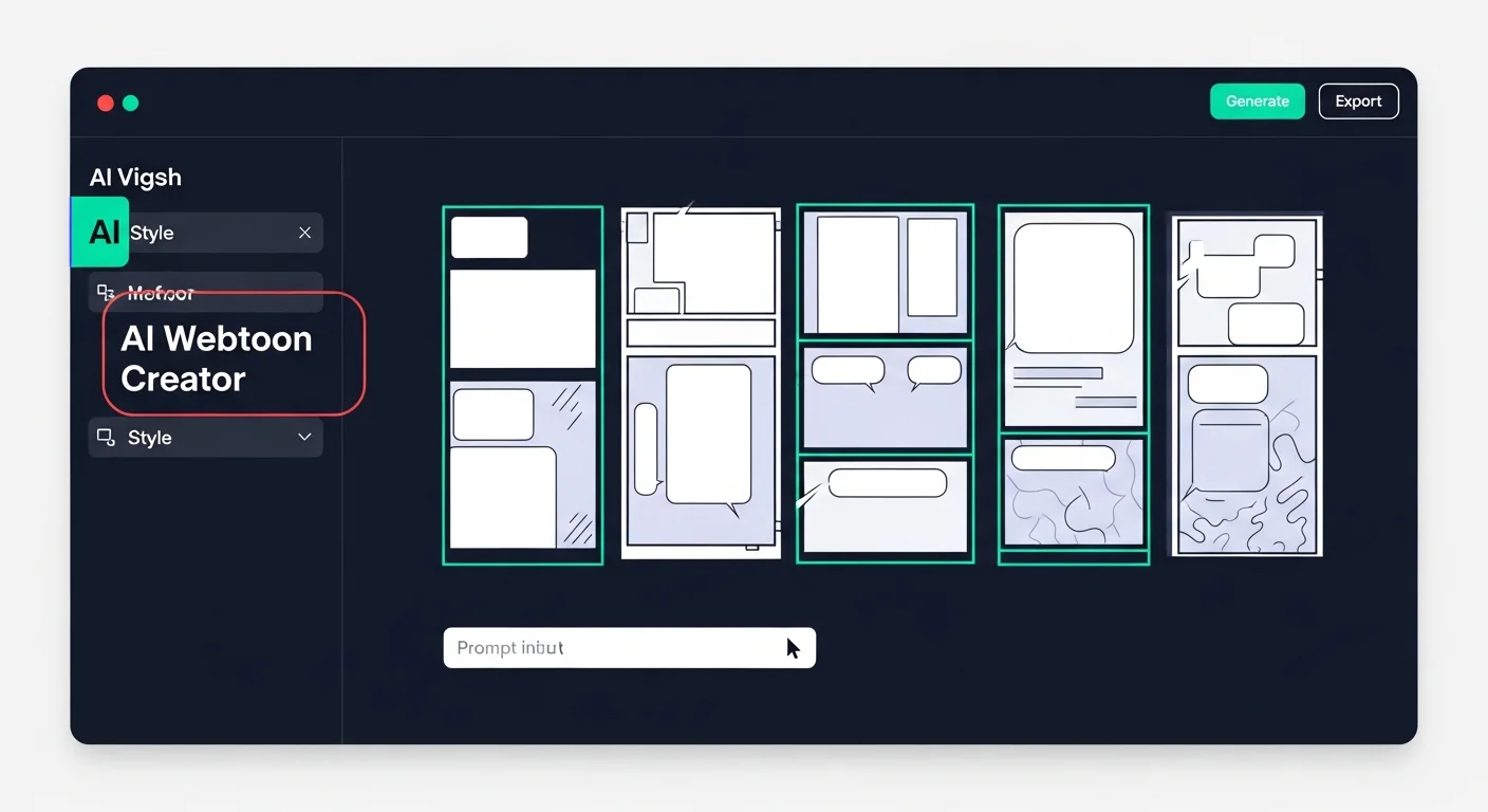 Comistitch Studio webtoon canvas — vertical panel editor with AI Webtoon Creator style selected in dark navy theme, teal panel outlines, and panel description prompt field at bottom