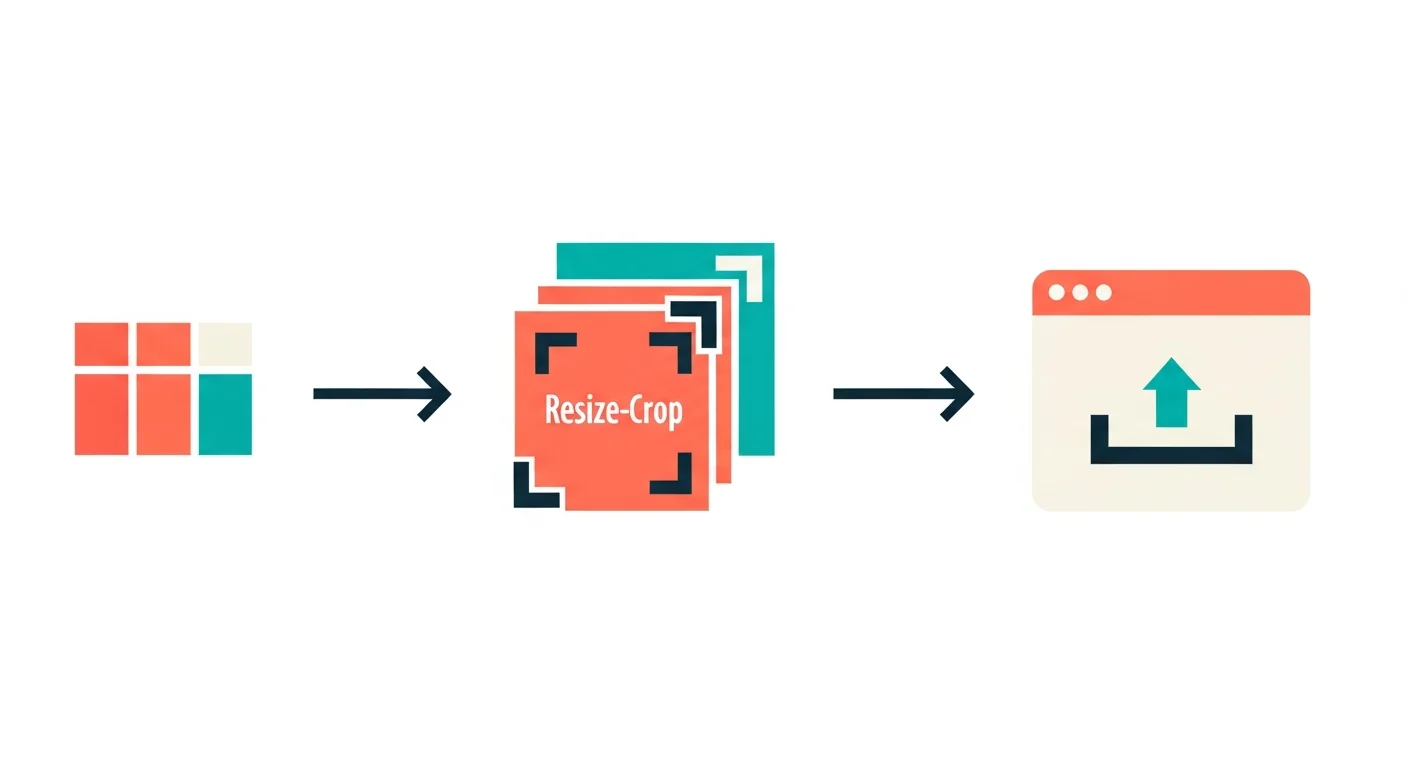 Abstract flow diagram of three export-to-upload stages — panel grid, resize icon, browser upload window — connected by arrows, flat geometric shapes, no figures