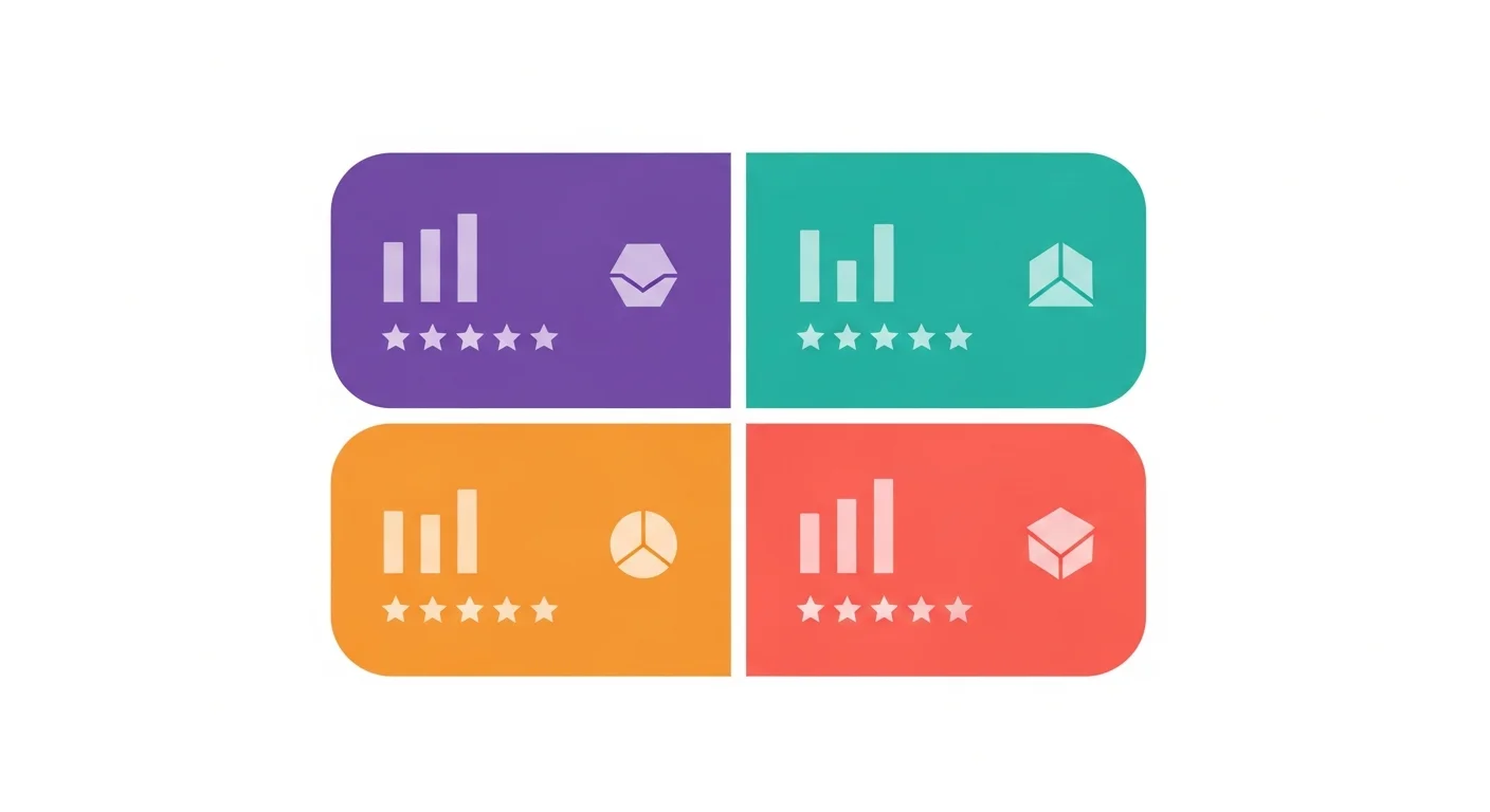 Abstract platform comparison tiles in a grid with bar charts and icons, flat editorial style, no text, no figures
