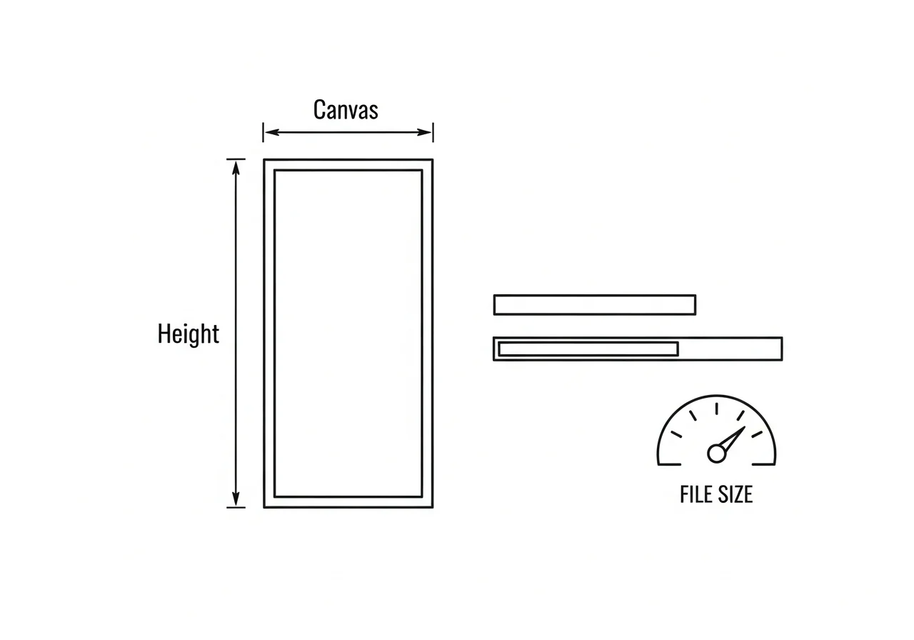 Abstract canvas-dimensions diagram with bracket arrows showing width and height, resize gauge, blueprint style, no figures