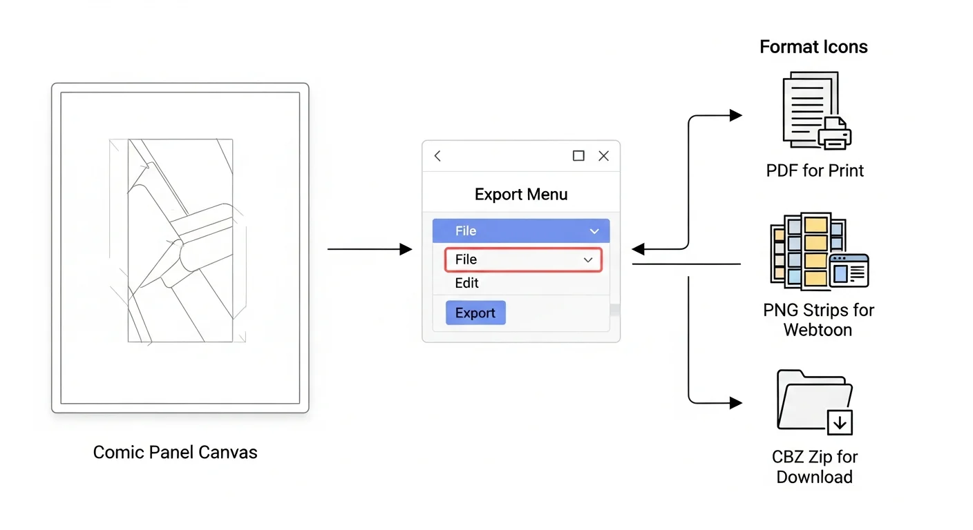 Export workflow — Comistitch panel canvas to PDF, PNG strips, and CBZ format branches