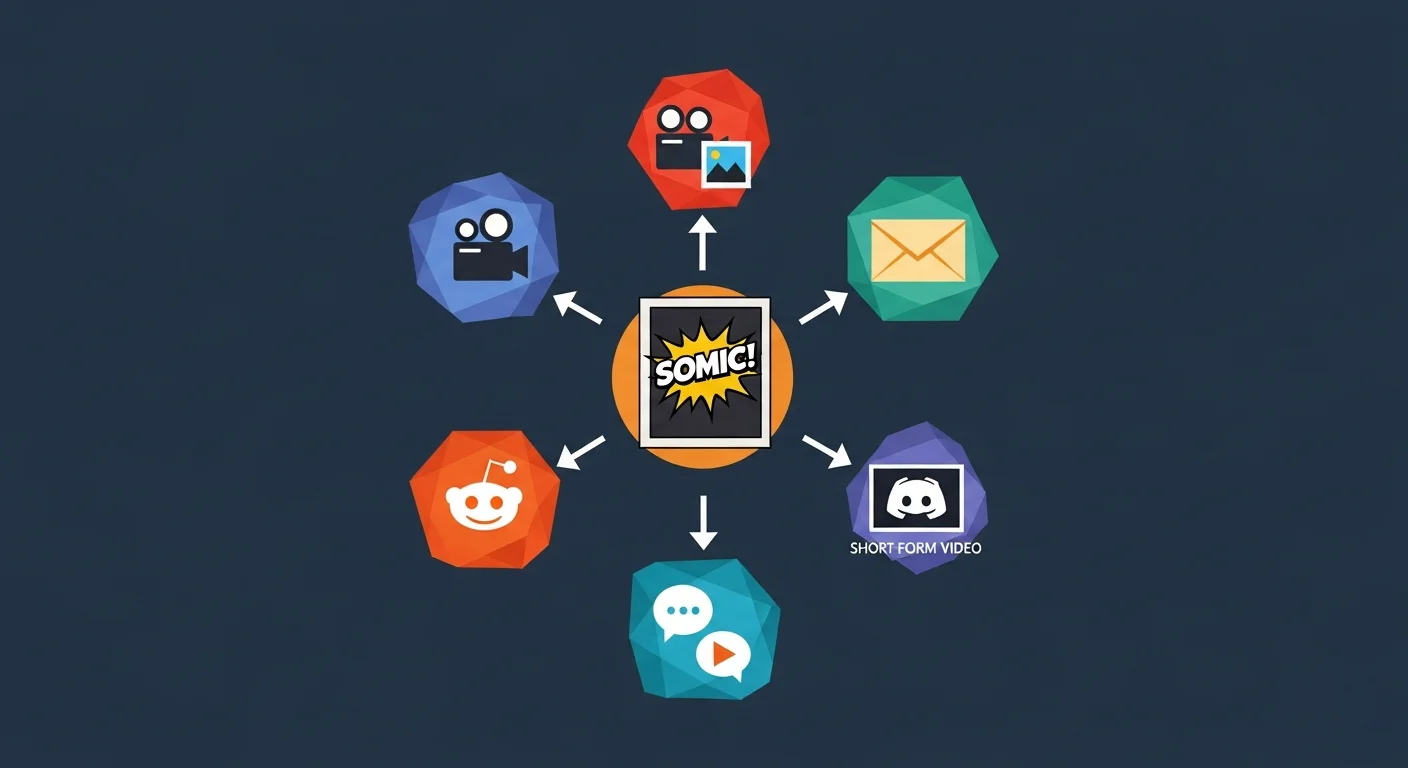 Marketing channels — hub-and-spoke diagram connecting comic to social video, email, Reddit, Discord, and short-form platforms
