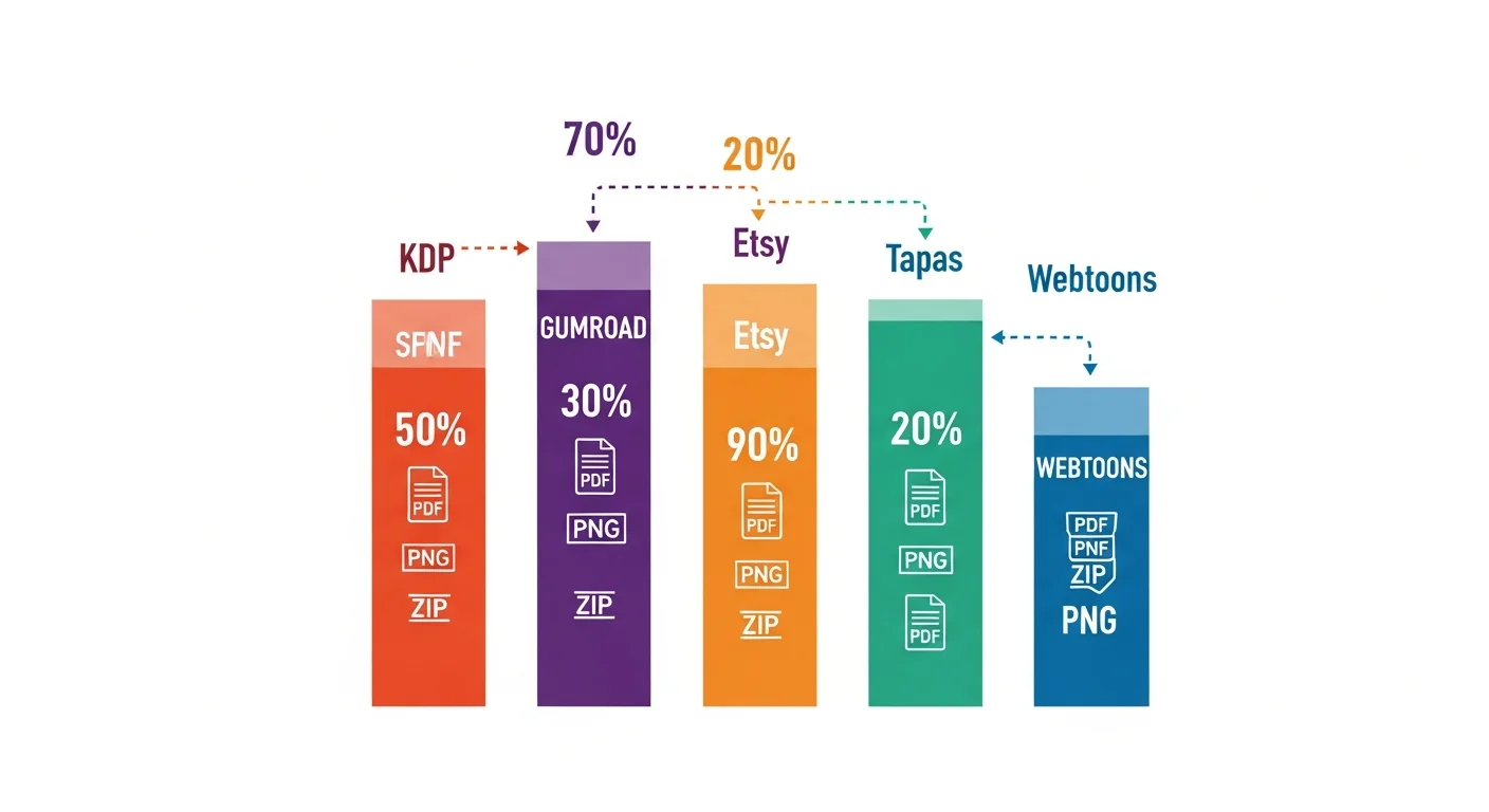 Platform comparison — five selling channels for AI comics with royalty, audience, and format columns