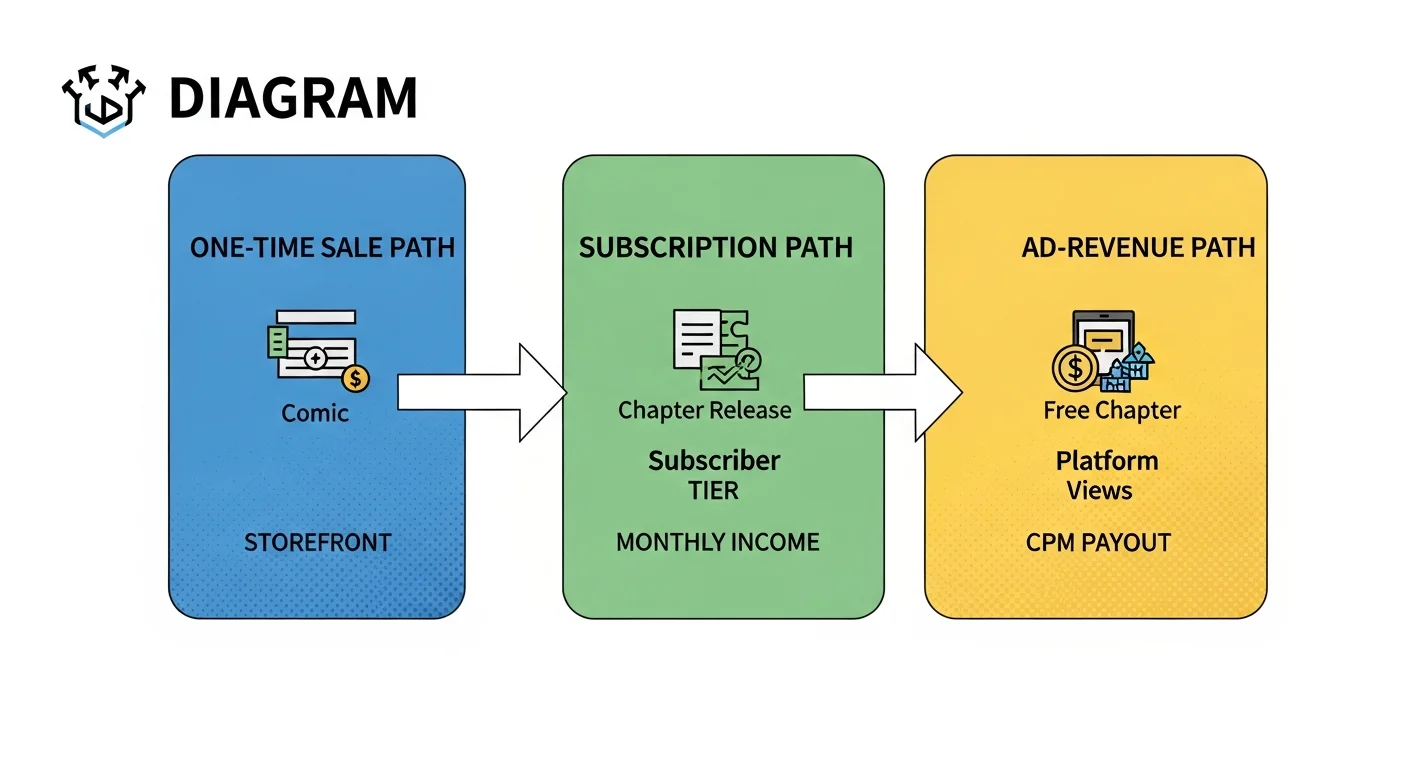 Revenue model — three-lane flowchart showing one-time sale, subscription, and ad-revenue paths