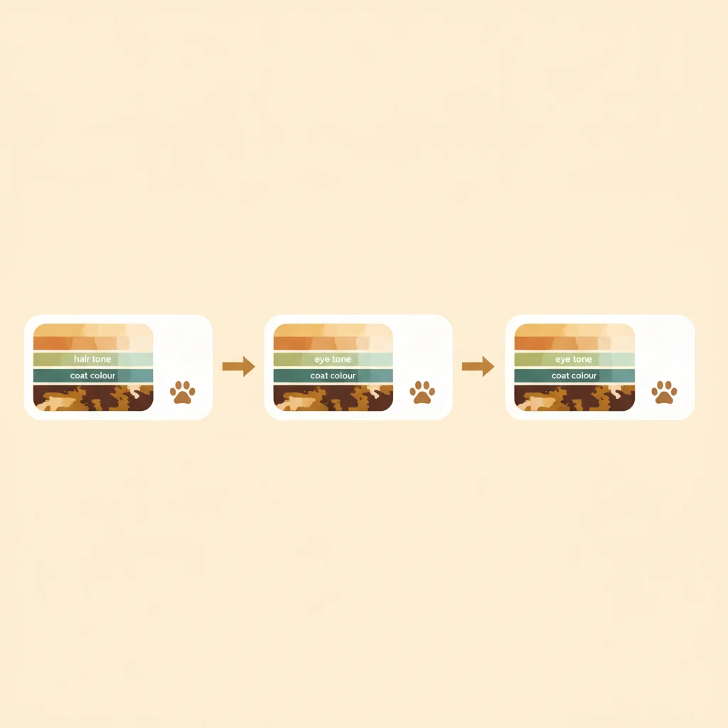 Three identical reference cards with abstract colour swatch blocks and a repeated object icon, arrows connecting them left to right, flat editorial design