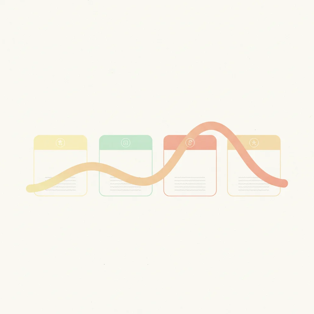 Four-step story arc diagram with labelled boxes on a gentle rising and settling curve, soft pastel palette, editorial infographic