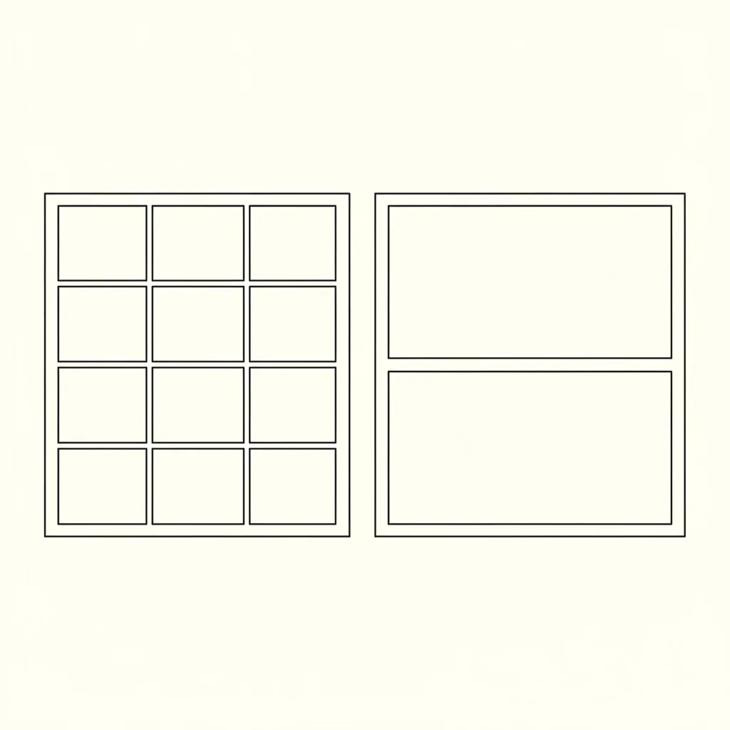 Two blank comic page layouts side by side, left a dense grid of small panels, right two large panels with wide gutters, flat line-art diagram