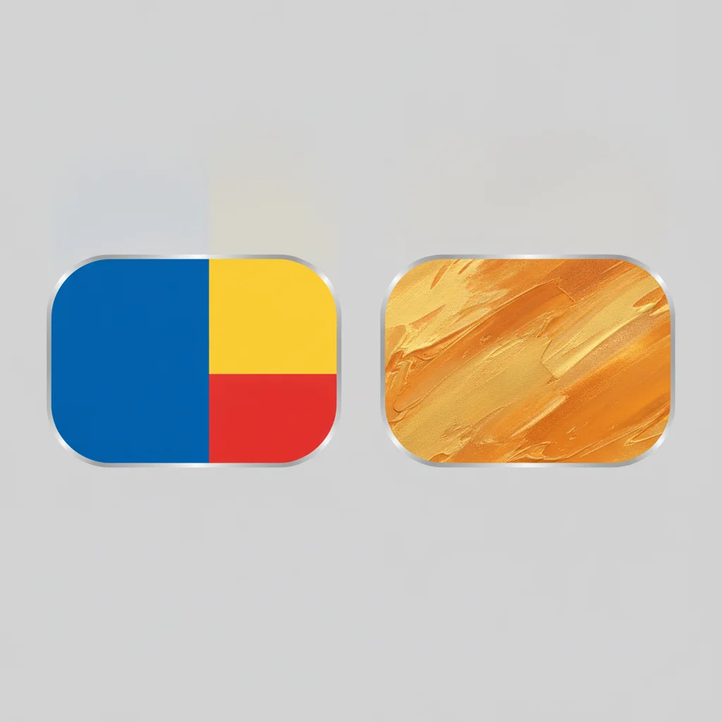 Two abstract texture swatch tiles, left flat saturated primary colour blocks, right soft painterly amber brushstroke texture with impasto