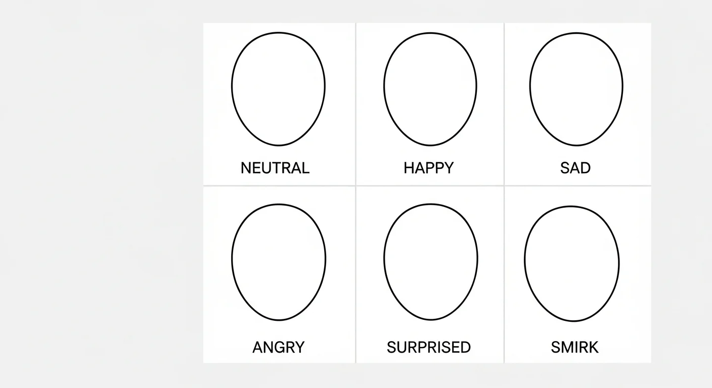 Manga character design — expression sheet grid — 6 expression cells labeled neutral happy sad angry surprised smirk