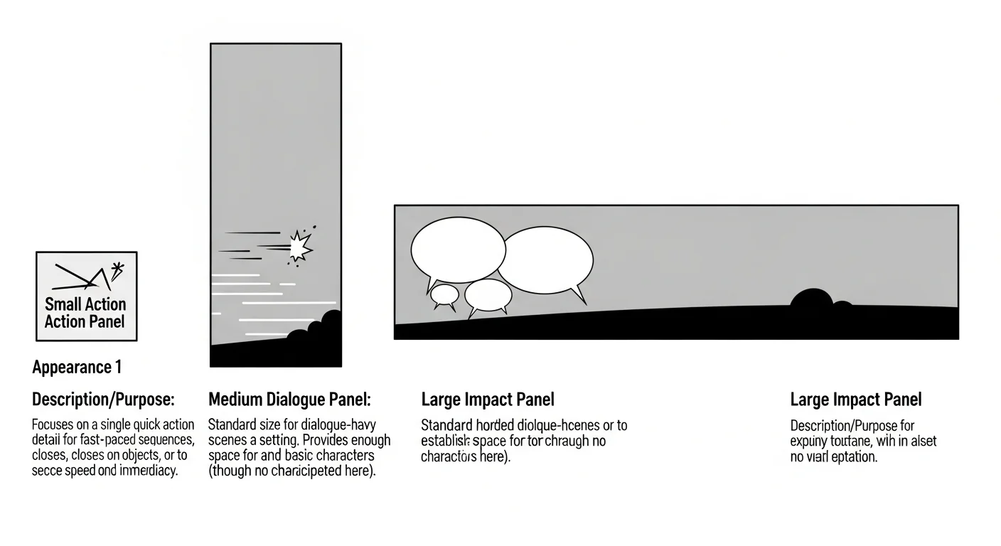 Manga paneling — four panel size variations — labeled diagram showing action, dialogue, impact, and splash panel proportions