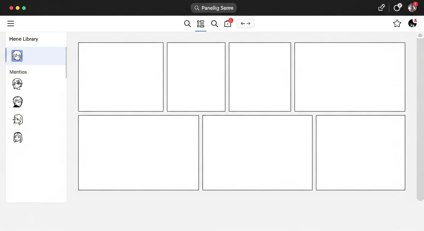 Comistitch Studio — panel canvas UI — empty 6-panel grid mockup with toolbar