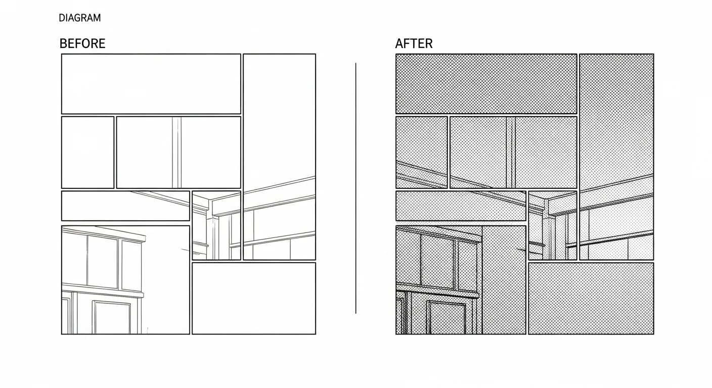 Sombreamento de mangá — comparação de antes e depois mostrando layout de painel apenas com arte de linha vs reticulado