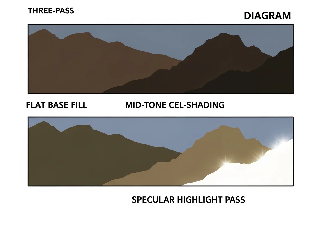Three-pass manhwa color process strip — flat fill, cel-shade, highlight, no faces, no figures