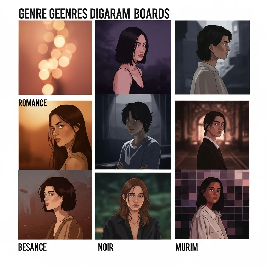 Genre mood palette boards for romance, noir and murim manhwa — color chips, no faces, no figures