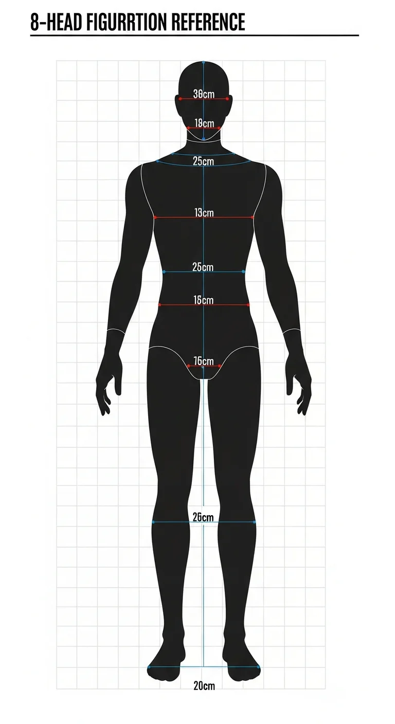 Semi-realistic manhwa proportion reference — 8-head mannequin silhouette guide, no faces, no figures