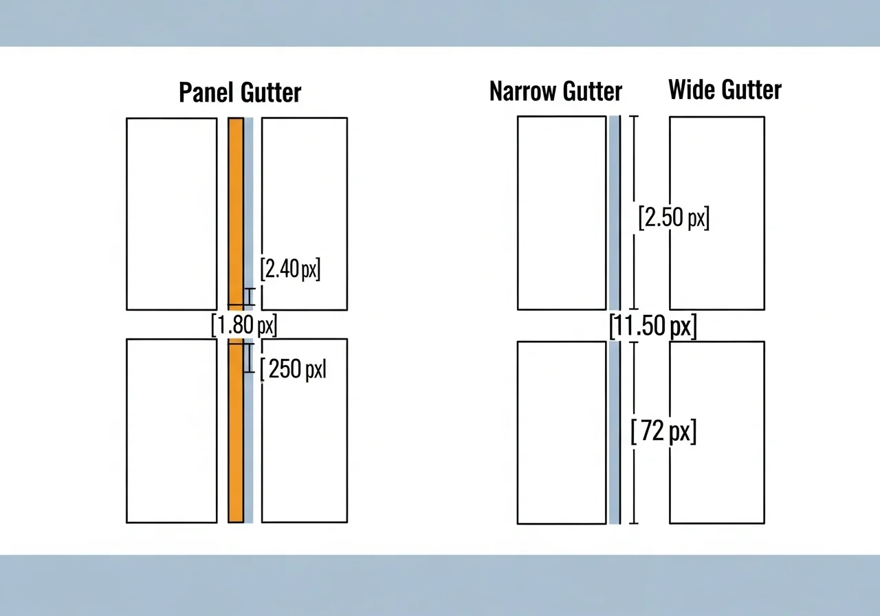 Panel gutter-spacing diagram for mobile manhwa reading flow, no faces, no figures