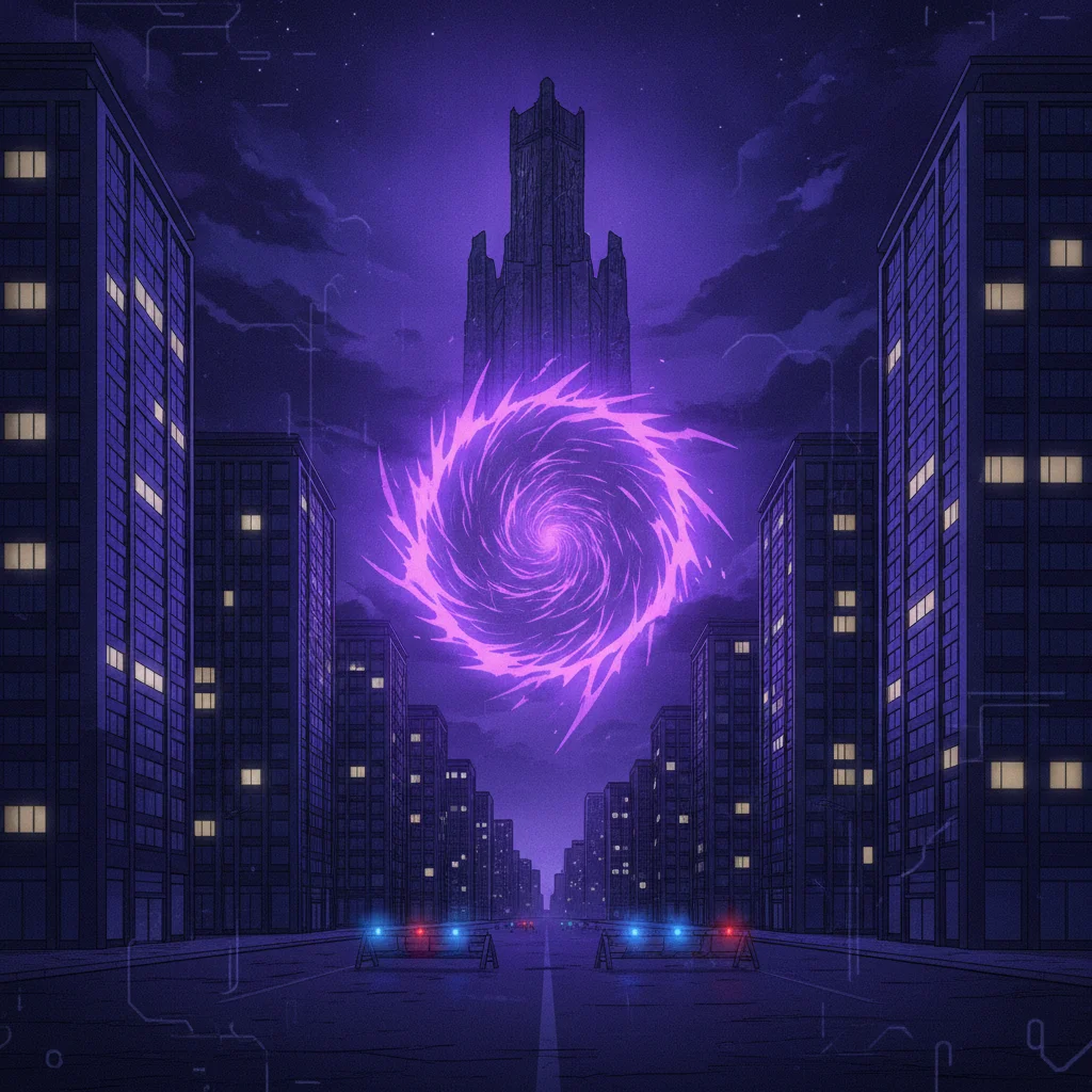Manhwa tropes explained — rift gate over a night city with a distant tower — full-colour webtoon background art
