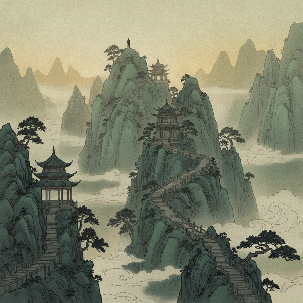 Manhwa tropes explained — murim mountain sect with tiered pavilions in mist — ink-wash style environment art