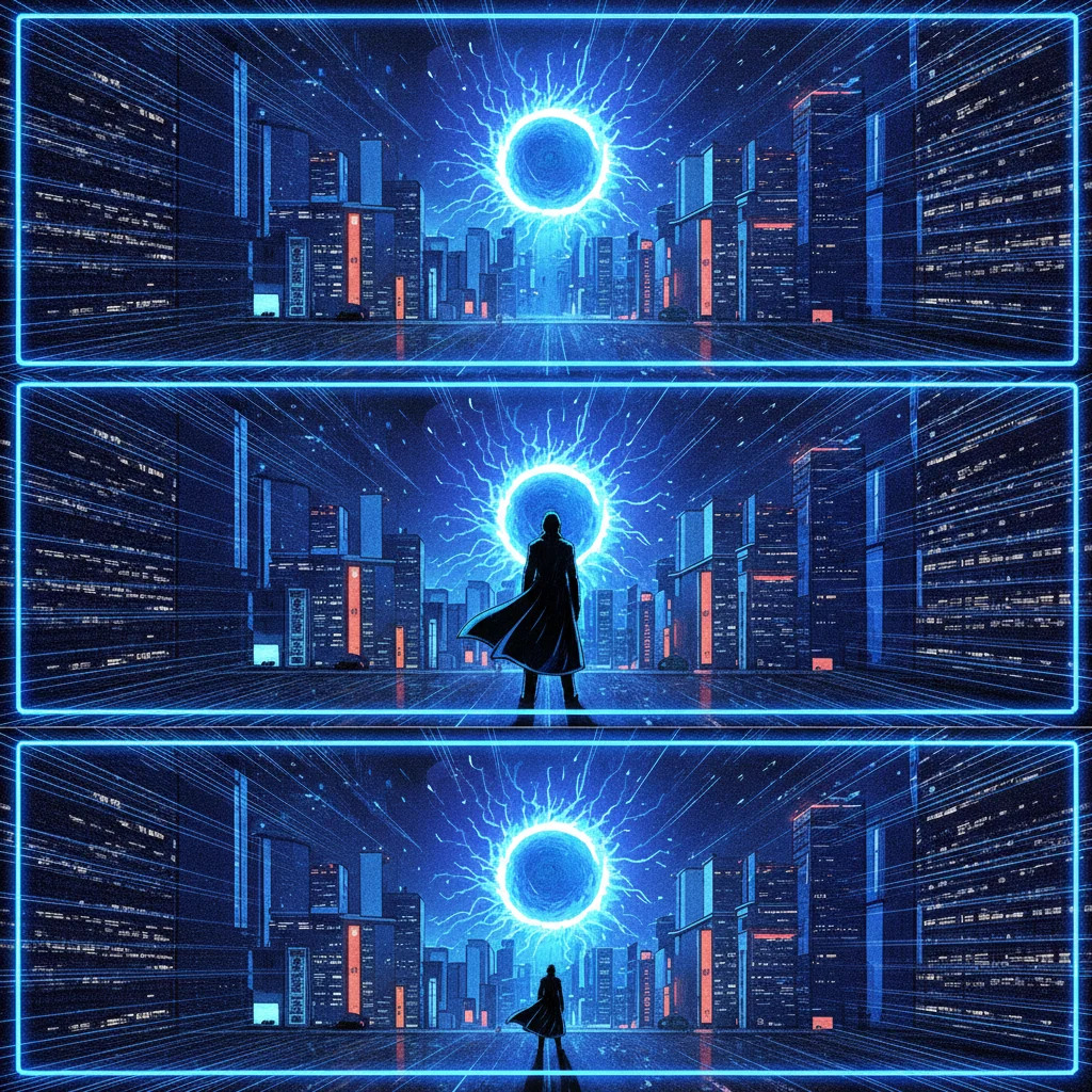 Manhwa tropes explained — finished vertical action strip with a rift gate over a night city — full-colour showcase