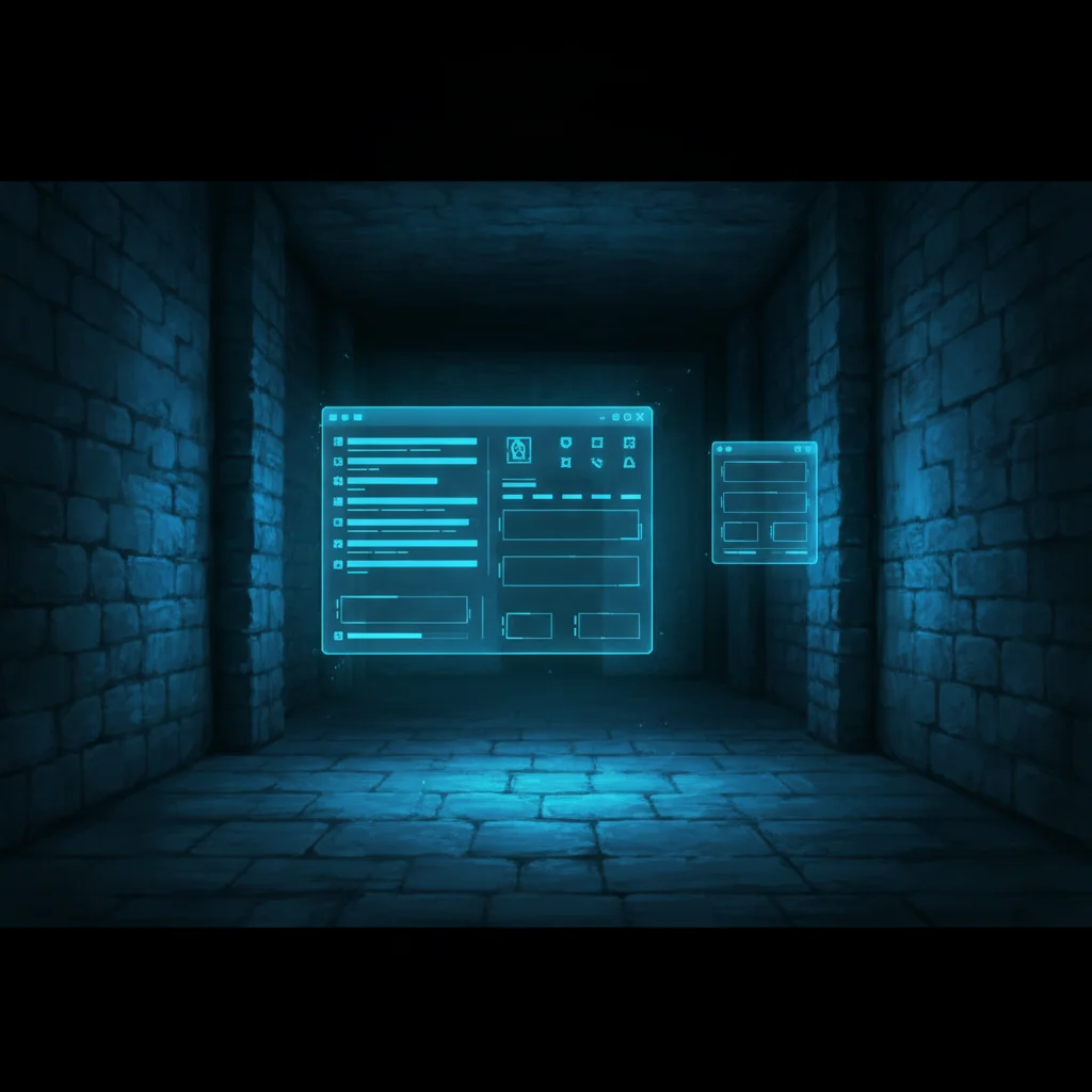 Manhwa tropes explained — glowing status window floating in a dark corridor — digital painting interface mockup
