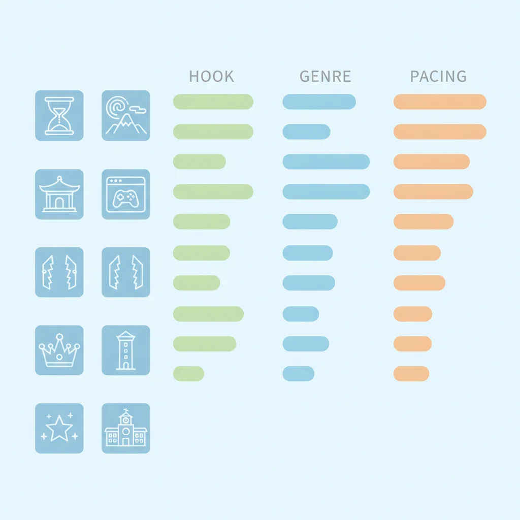 Manhwa tropes explained — trope, hook and genre comparison matrix — pastel flat infographic