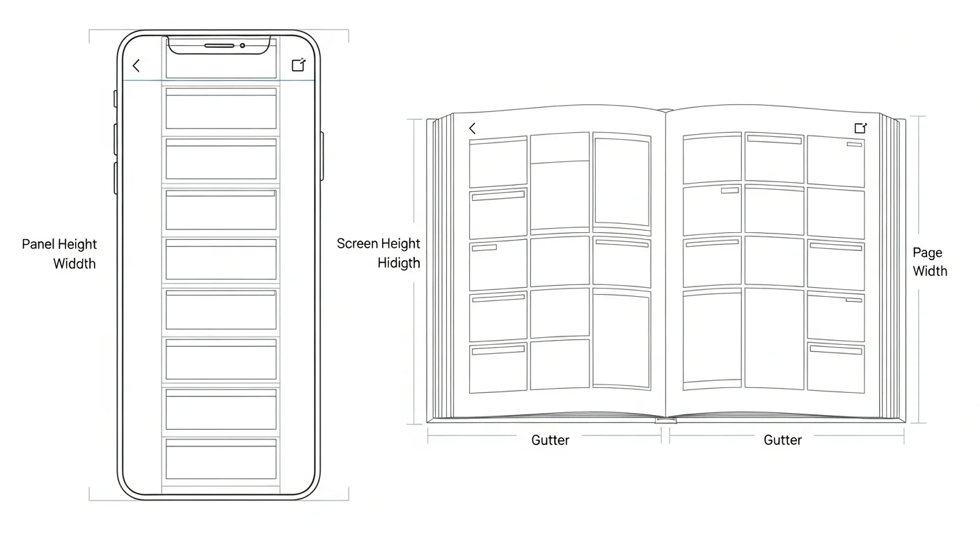 Vertical-scroll versus paged layout wireframe comparison — empty panel boxes, no faces, no figures