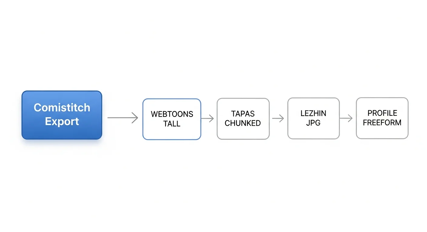 Webtoon publishing — multi-export pipeline — Comistitch export branching to 4 platform formats