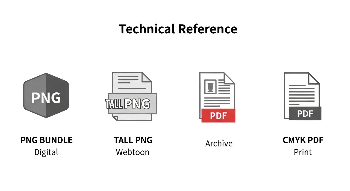 Manga publishing — export format options — four icons labeled PNG bundle tall PNG PDF CMYK