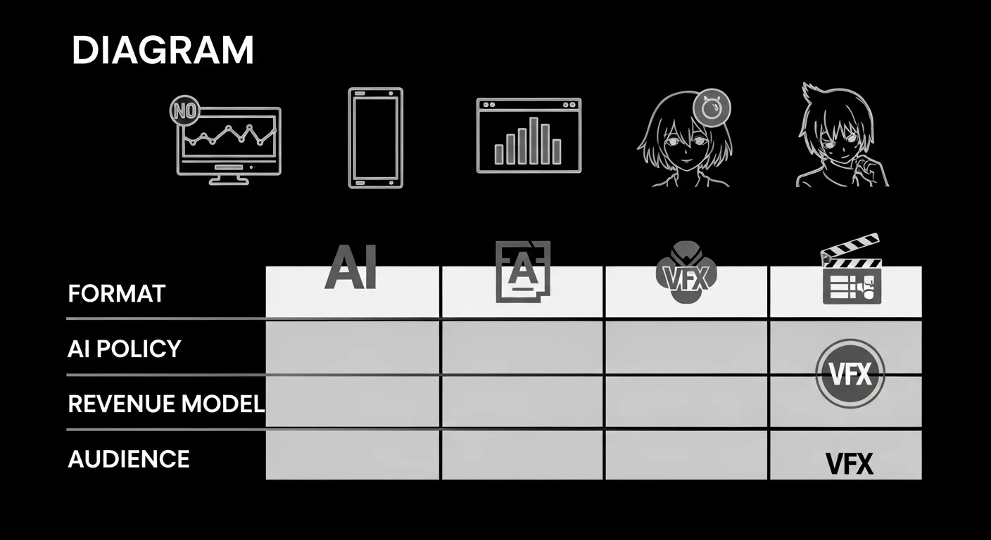 Manga publishing — platform comparison — table grid showing format AI policy revenue audience