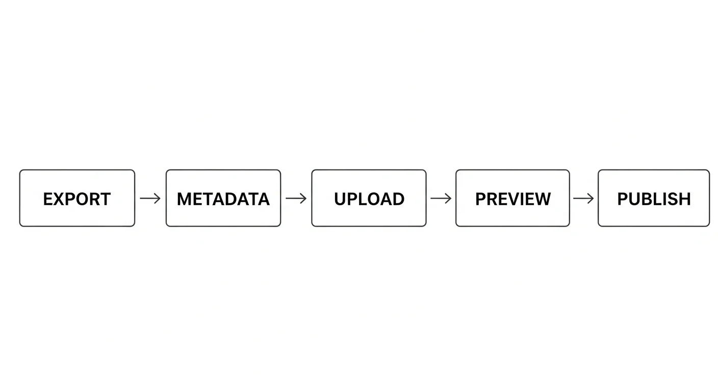 Manga publishing — submission workflow — 5-step horizontal flow diagram from export to publish