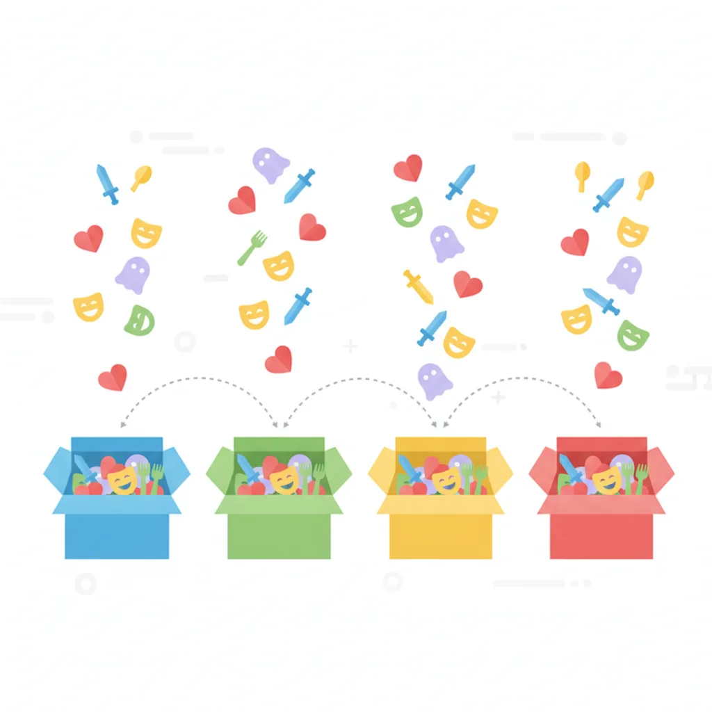 Manga demographics vs genres — mixed genre tag shapes landing inside four separate boxes — flat infographic