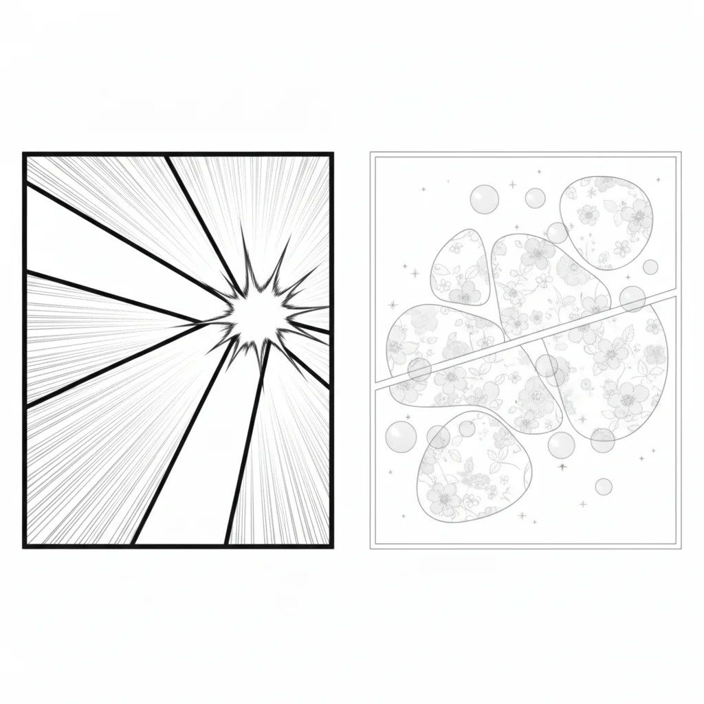 Shonen vs shojo page grammar — hard-bordered action layout beside a borderless floral layout — wireframe diagram
